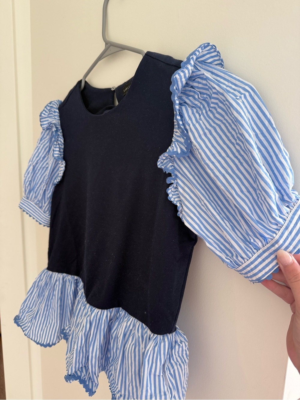 English Factory Black Top with Blue-White Striped Puff Sleeves